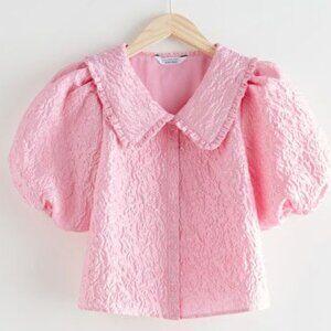 Textured Ruffle-Collar Puff-Sleeve Top